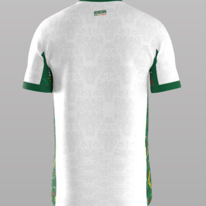 Maillot de football blanc du Sénégal, col rond, avec logo et panneau latéral multicolore.