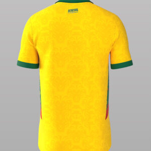 Maillot de football jaune vif du Sénégal, col polo vert, avec logo et motifs latéraux.