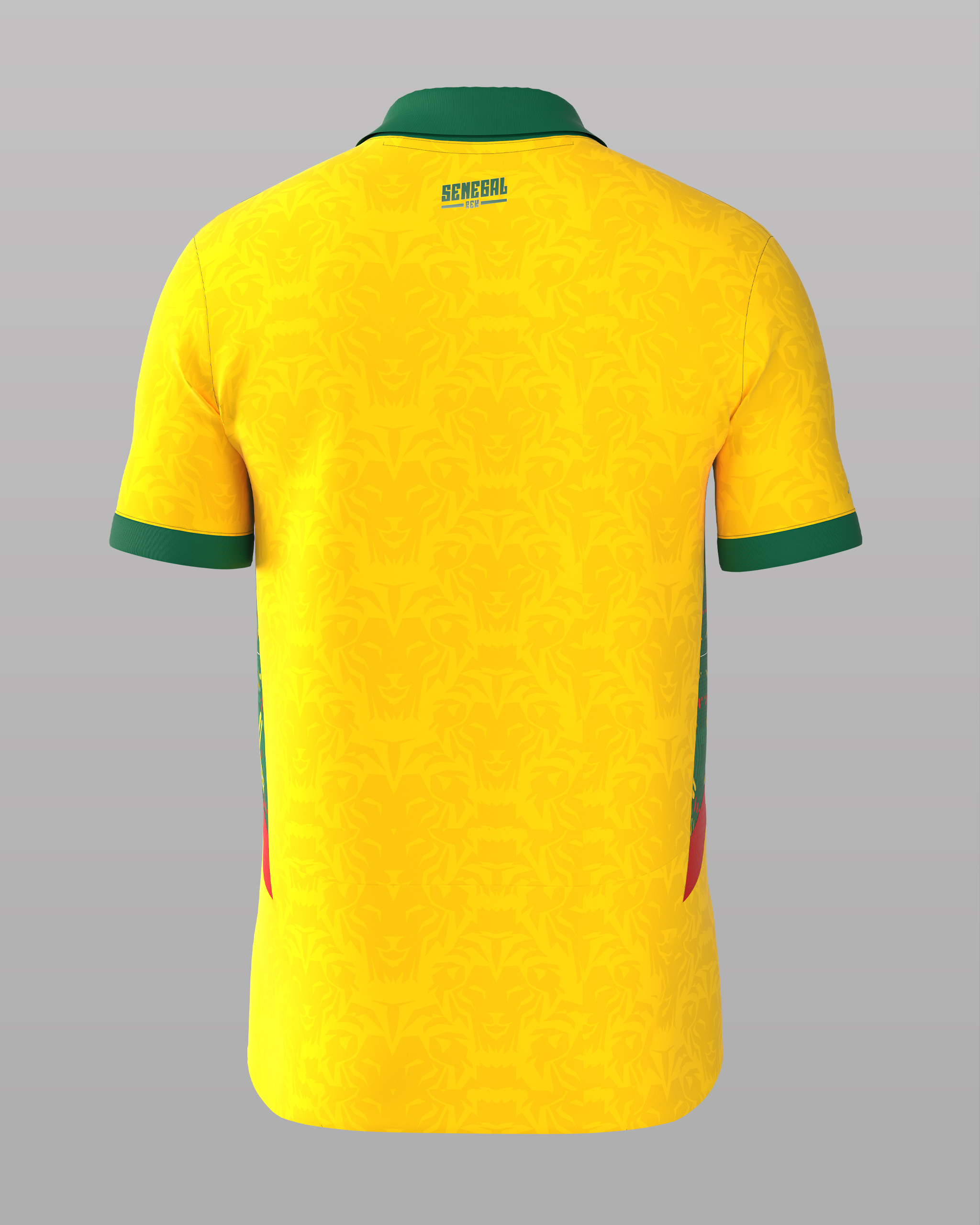 dos jaune Maillot de football jaune vif du Sénégal, col polo vert, avec logo et motifs latéraux.