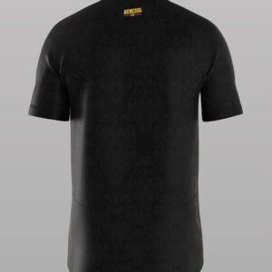 Maillot de football noir du Sénégal, motif lions ton sur ton, avec logo et motifs latéraux discrets.