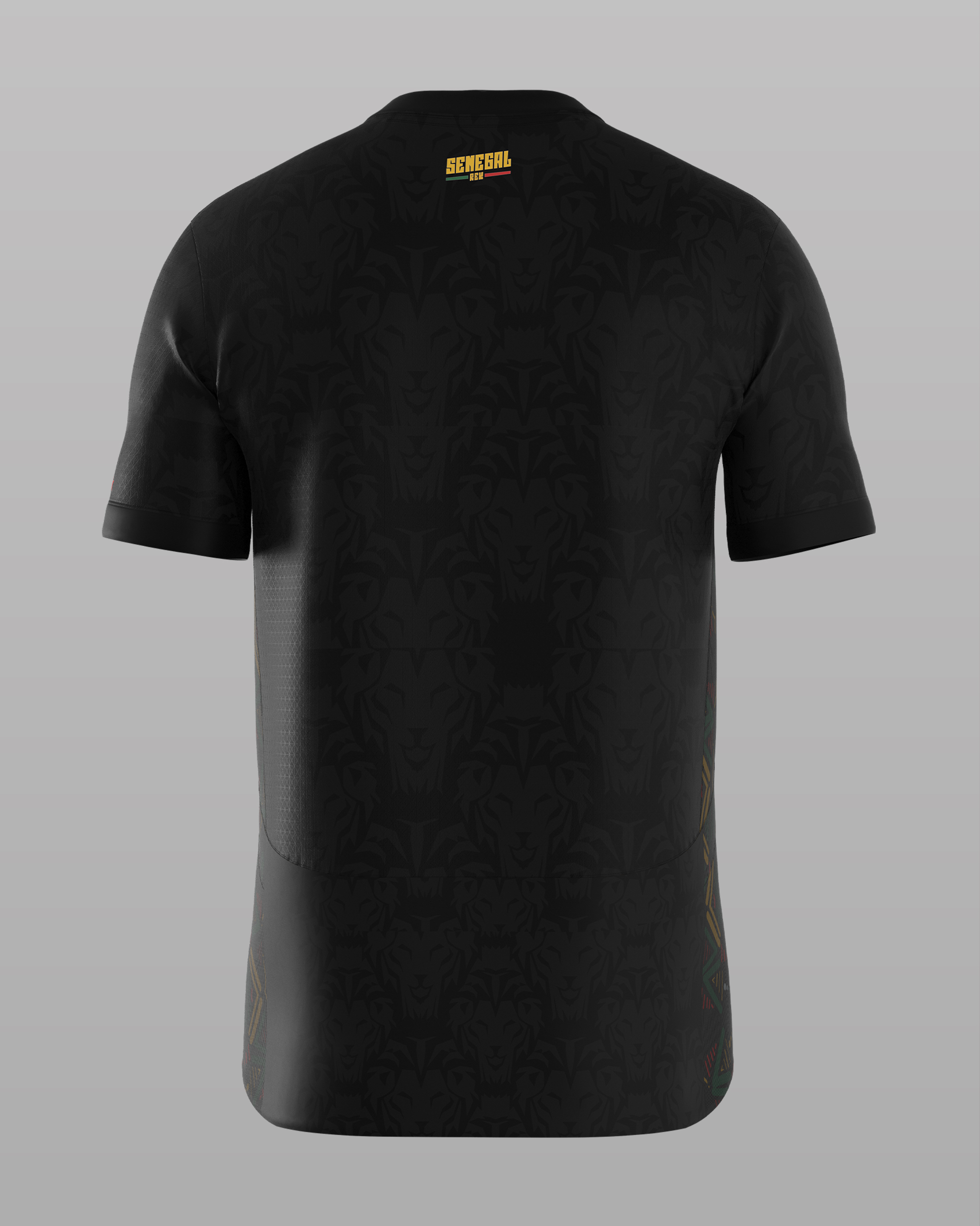 dos noir Maillot de football noir du Sénégal, motif lions ton sur ton, avec logo et motifs latéraux discrets.