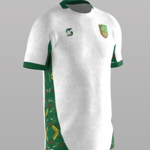 Maillot de football blanc du Sénégal, col rond, avec logo et panneau latéral multicolore.