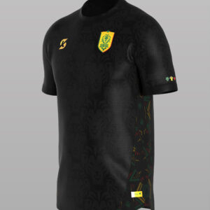 Maillot de football noir du Sénégal, motif lions ton sur ton, avec logo et motifs latéraux discrets.
