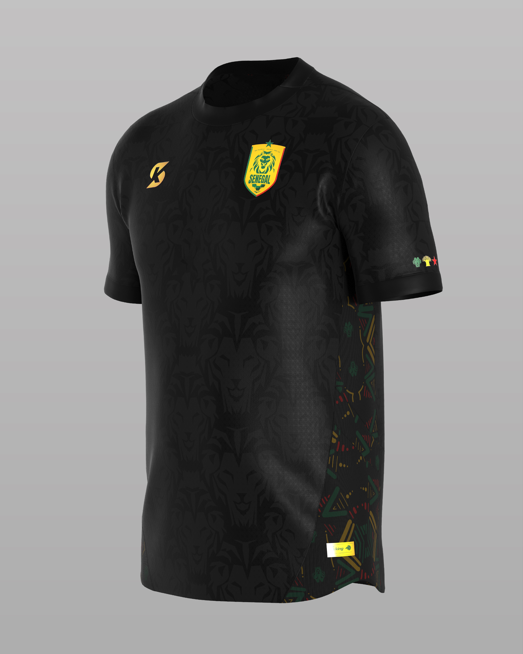 kitnoire Maillot de football noir du Sénégal, motif lions ton sur ton, avec logo et motifs latéraux discrets.