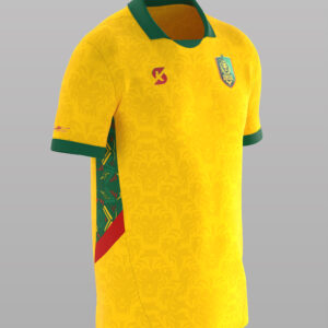 Maillot de football jaune vif du Sénégal, col polo vert, avec logo et motifs latéraux.