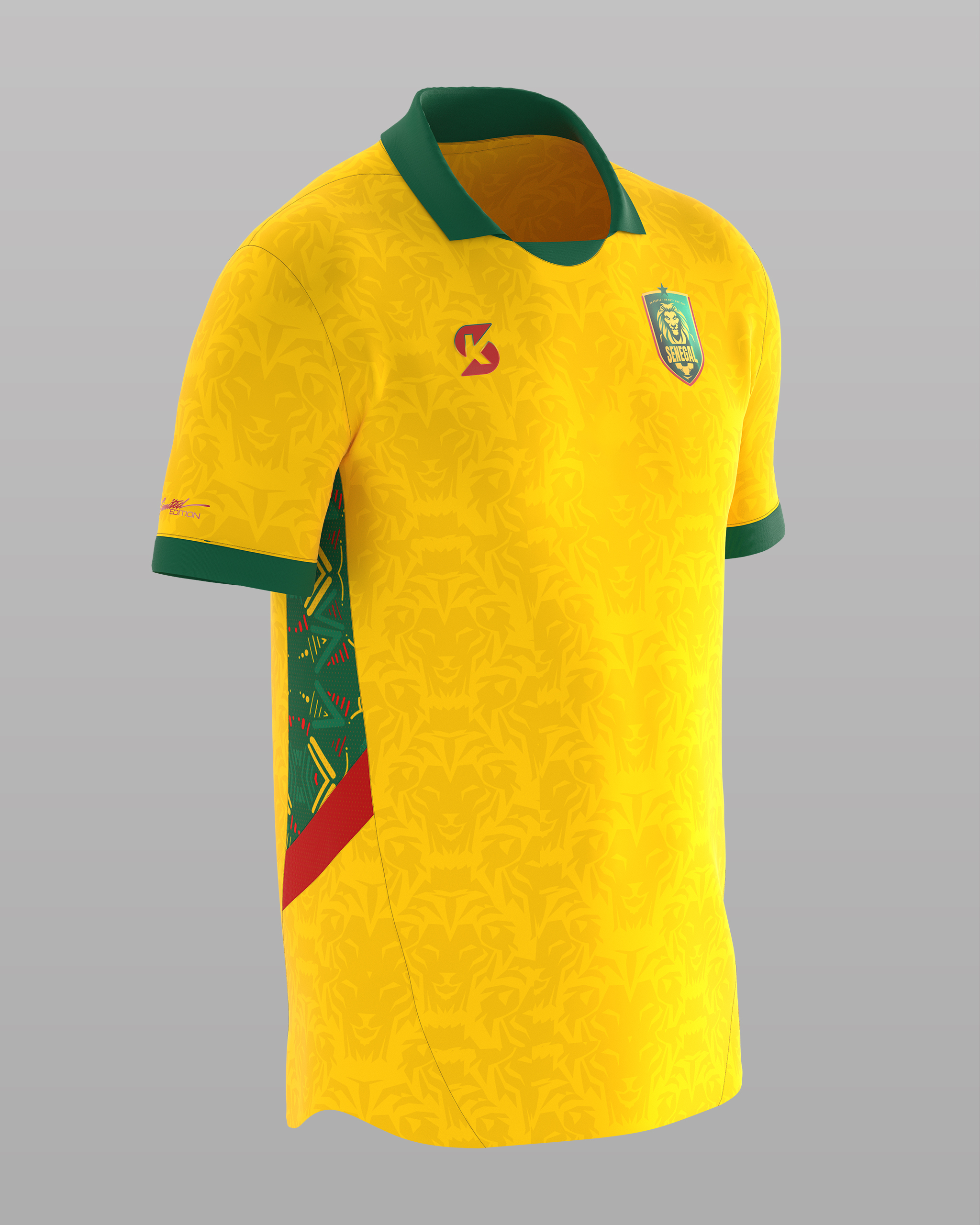 kityellow Maillot de football jaune vif du Sénégal, col polo vert, avec logo et motifs latéraux.